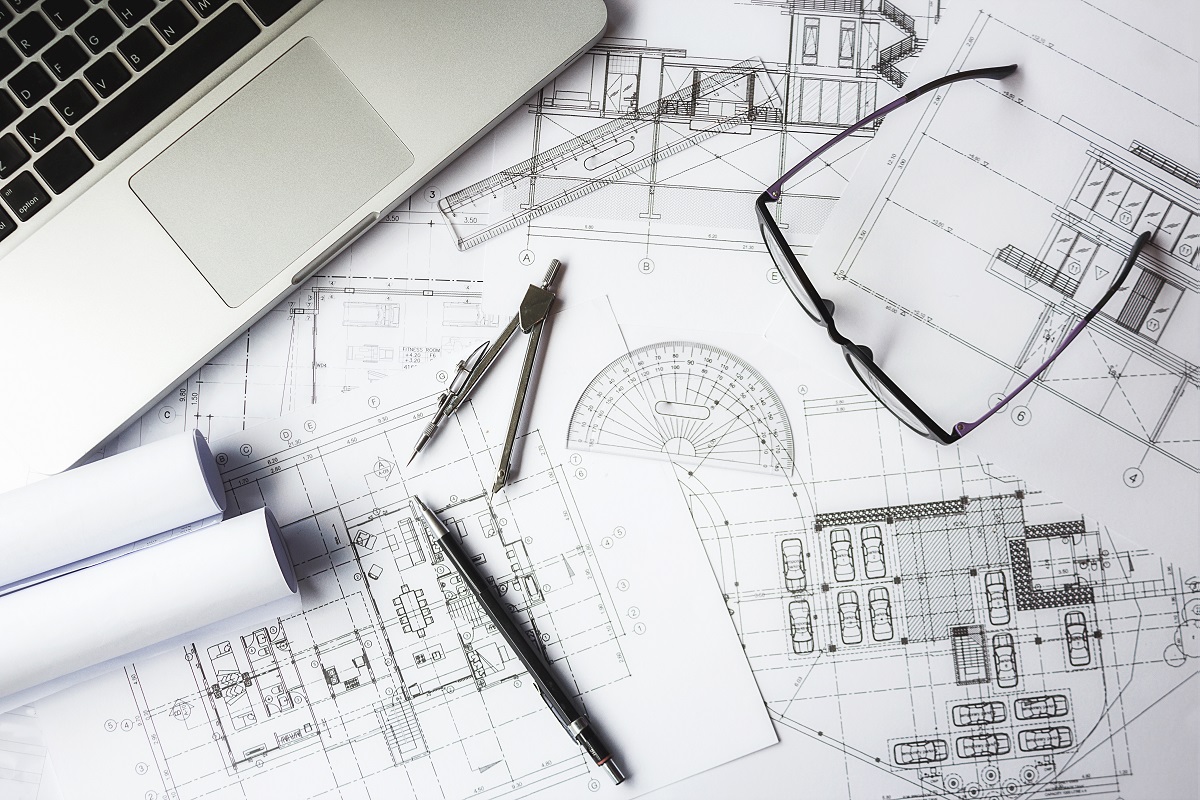 Image of engineering objects on workplace top view.Construction